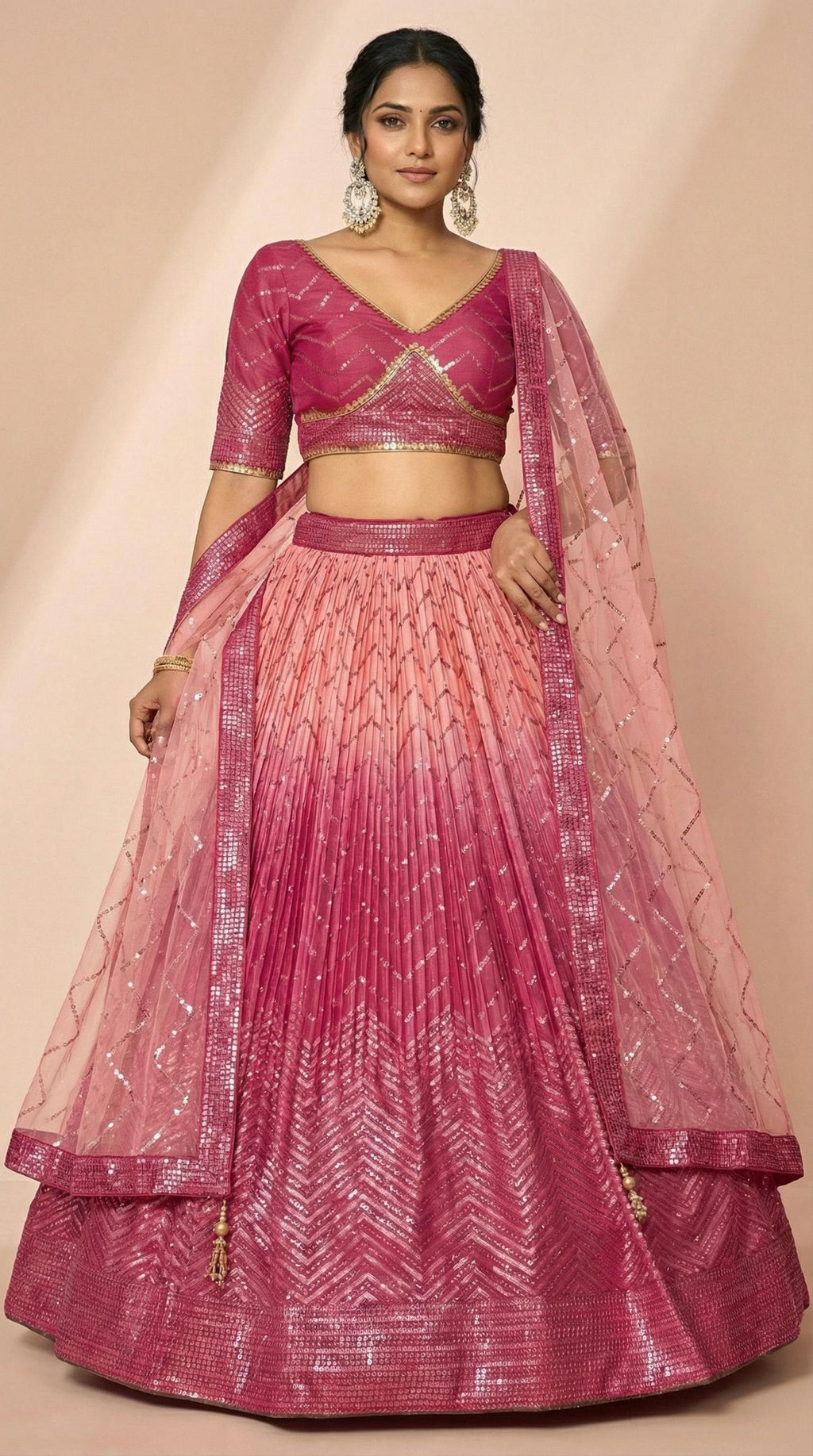 Radiant Magenta & Blush Rose Shimmer Silk Sequined Lehenga Choli Set