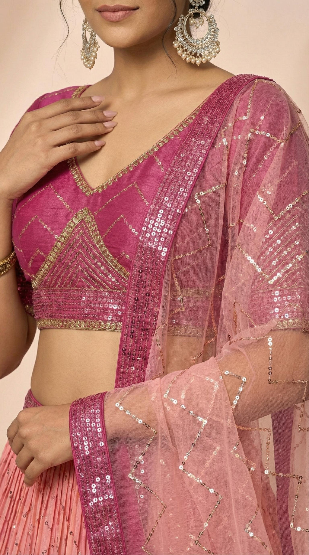 Radiant Magenta & Blush Rose Shimmer Silk Sequined Lehenga Choli Set