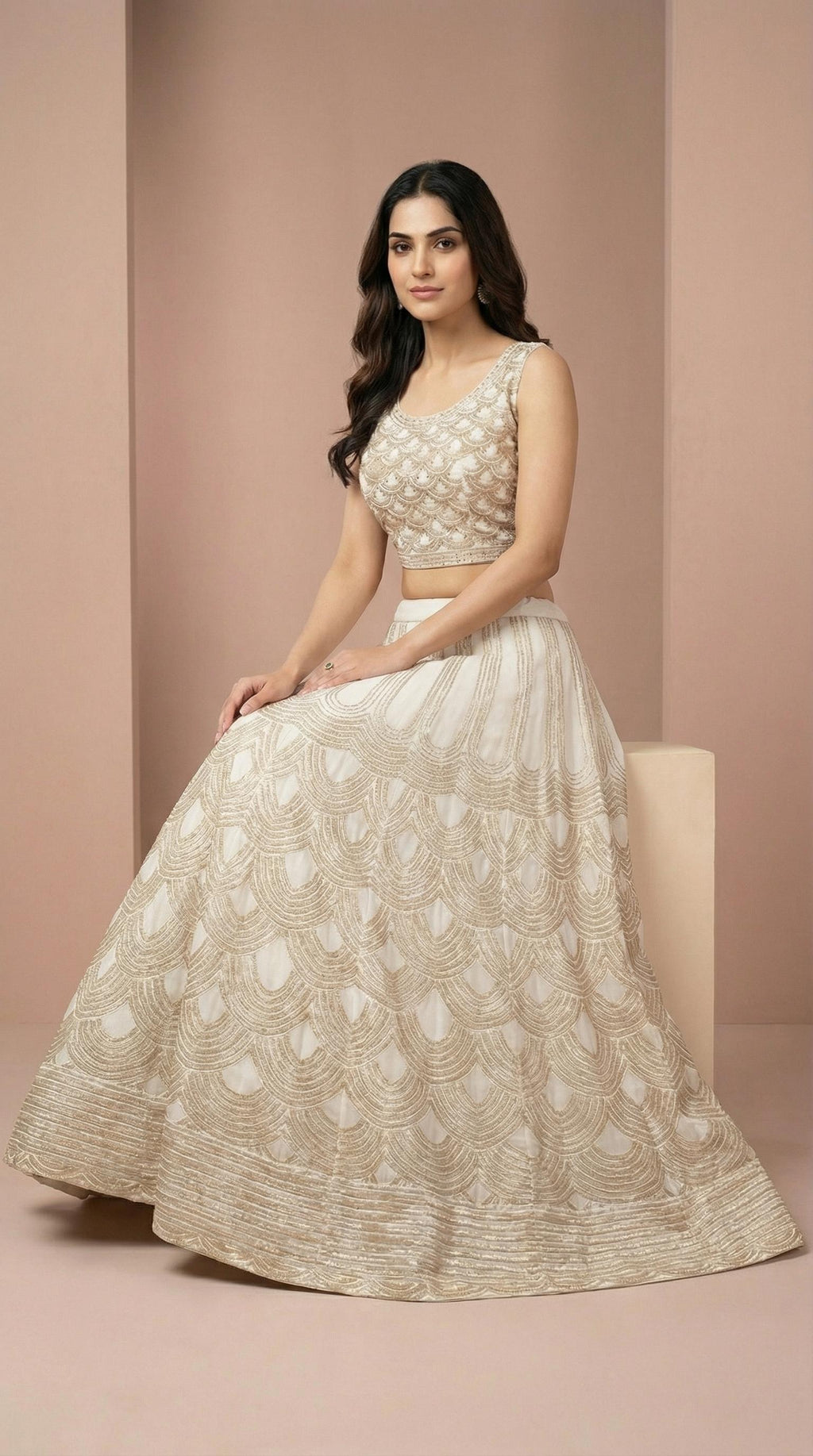 Off White and Gold Scalloped Embroidery Lehenga Choli Set