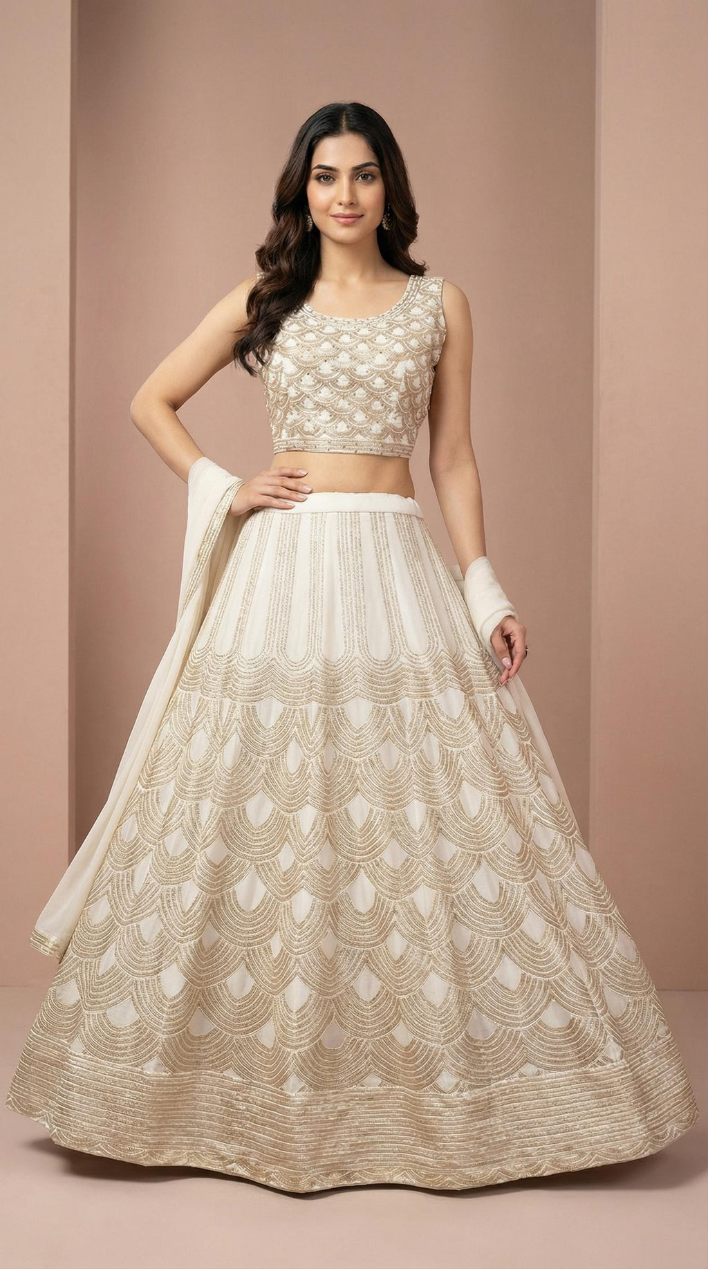 Off White and Gold Scalloped Embroidery Lehenga Choli Set