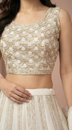 Off White and Gold Scalloped Embroidery Lehenga Choli Set