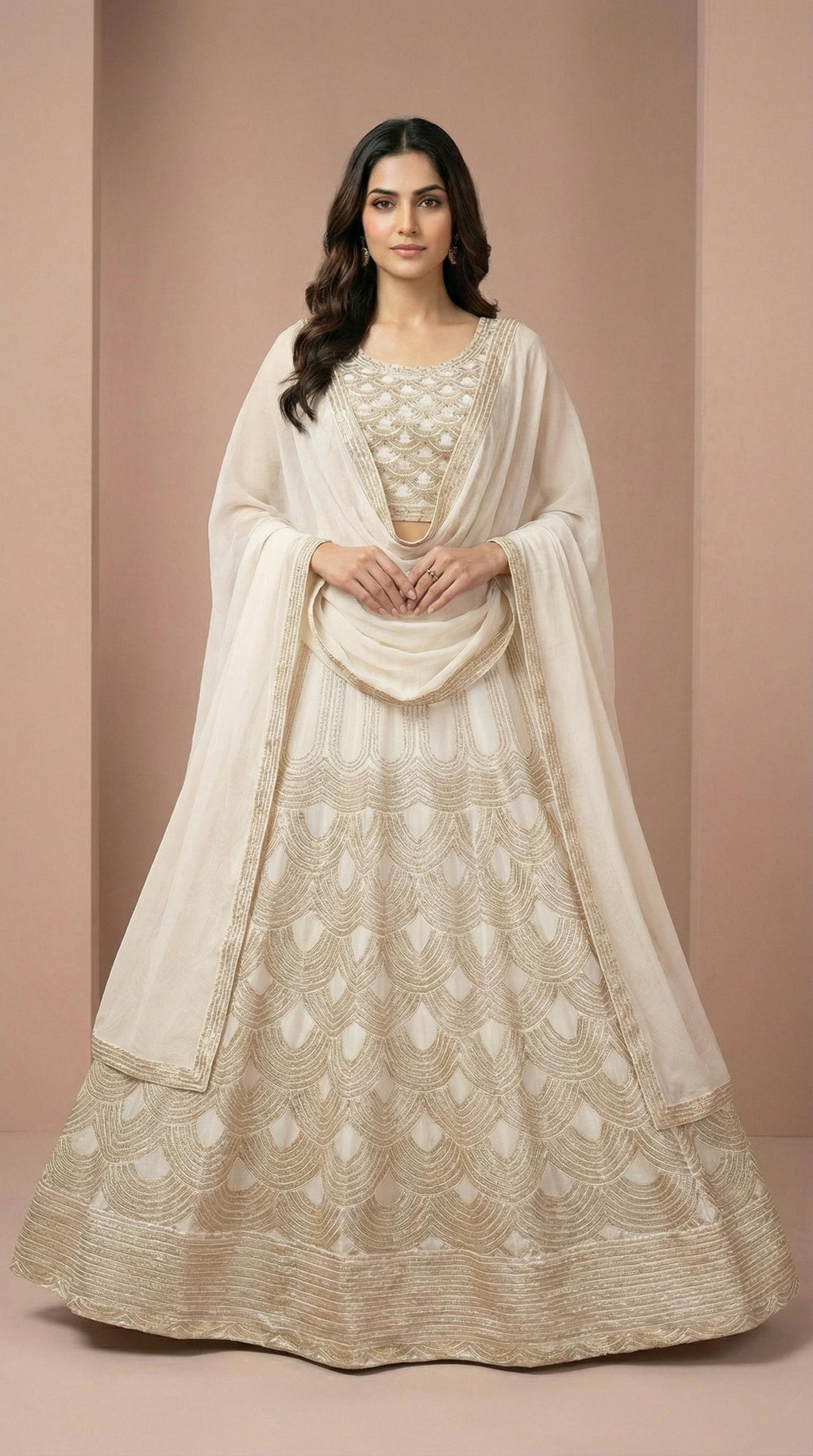 Off White and Gold Scalloped Embroidery Lehenga Choli Set