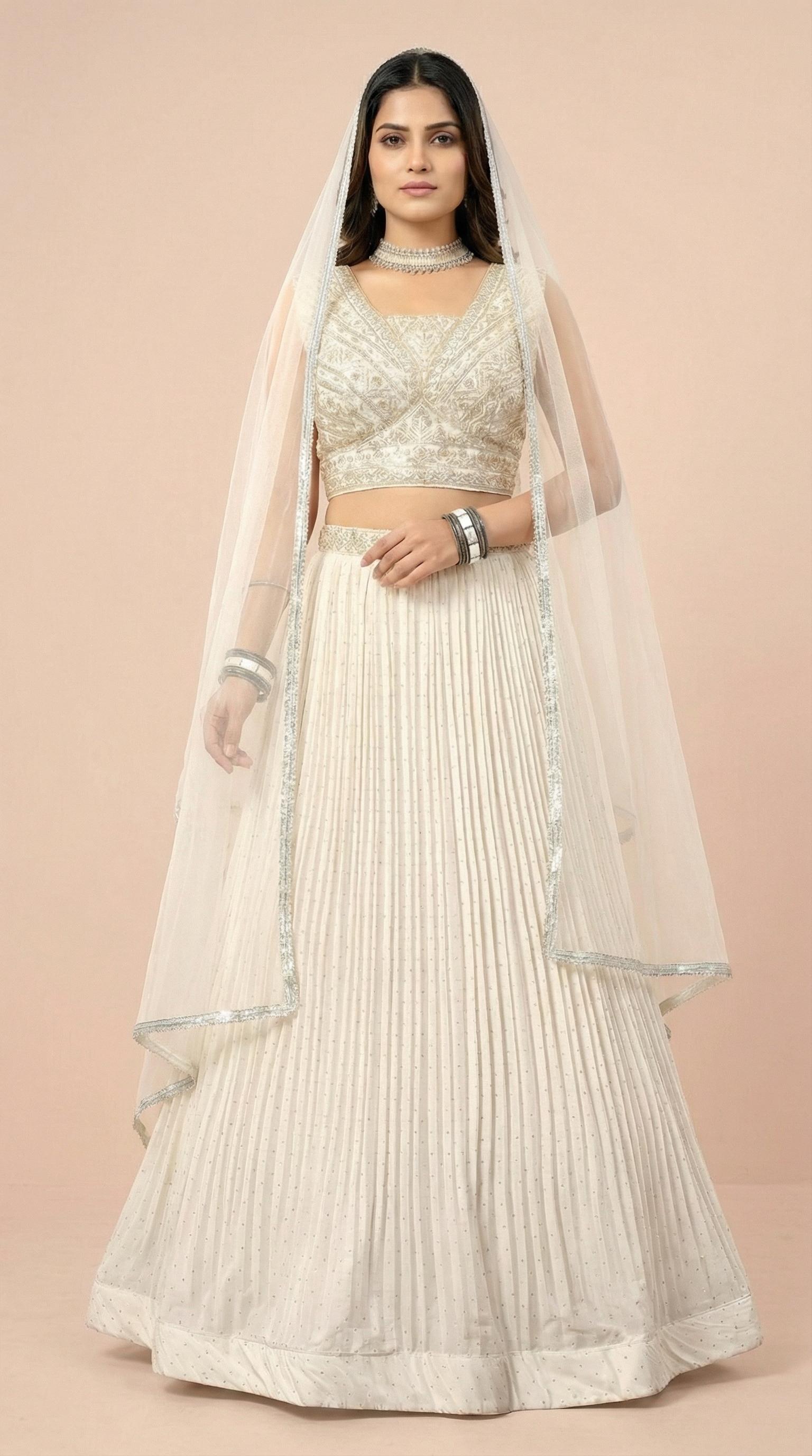 Off White Georgette Pleated Festive Lehenga Choli Set