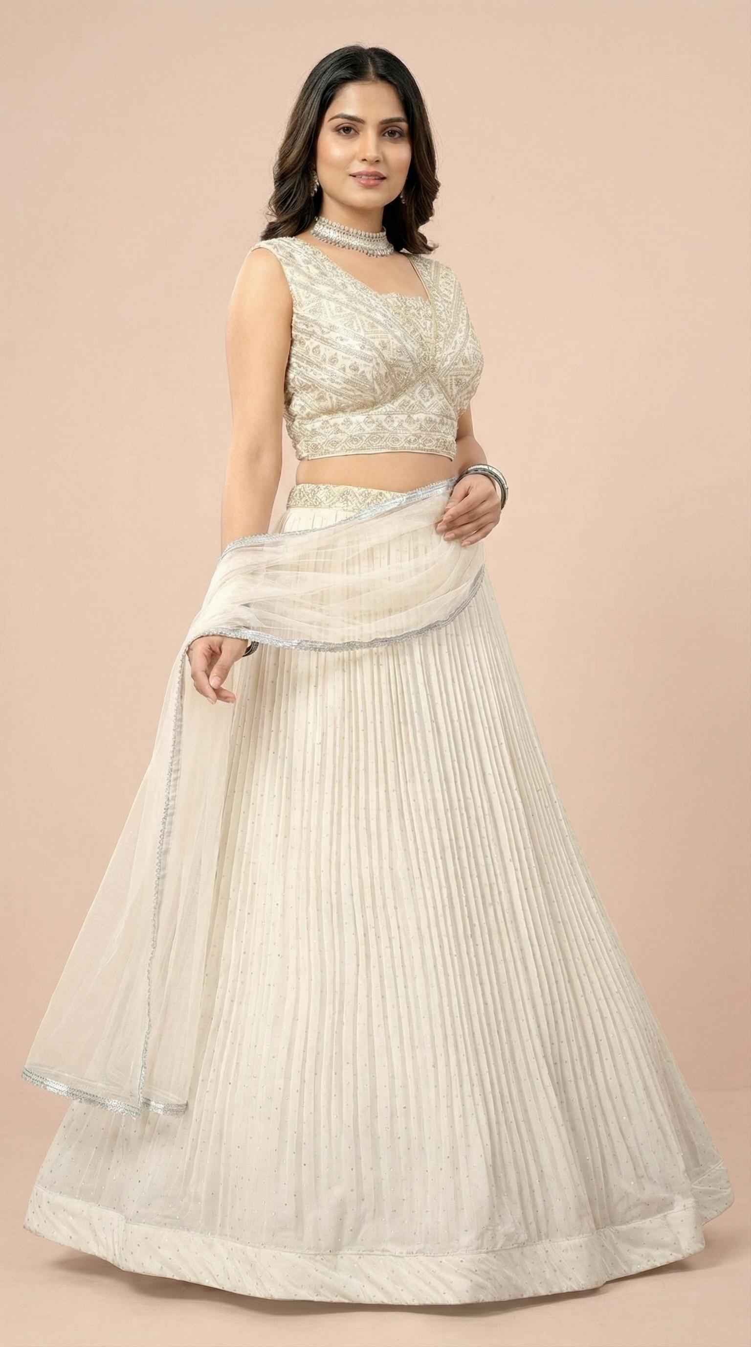 Off White Georgette Pleated Festive Lehenga Choli Set