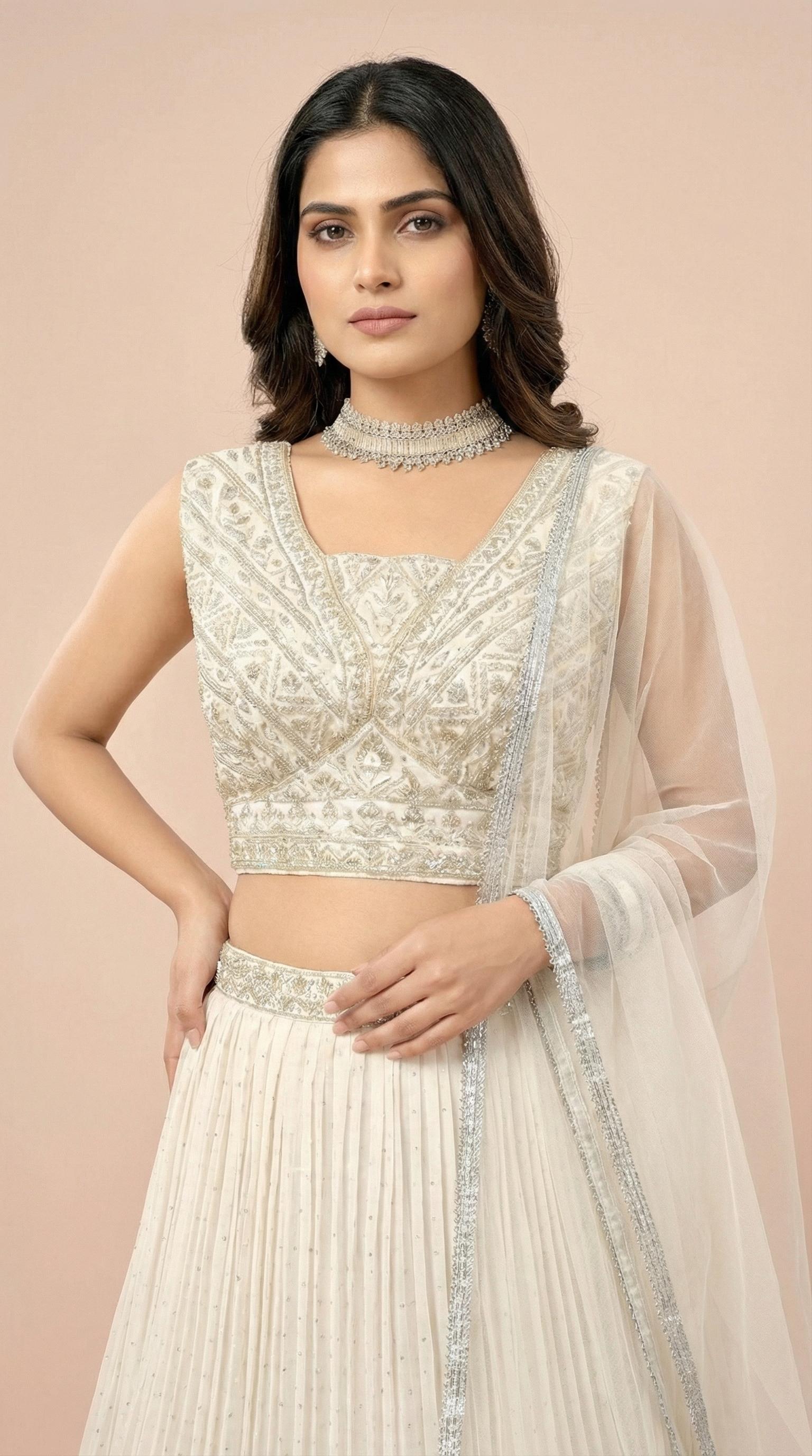 Off White Georgette Pleated Festive Lehenga Choli Set