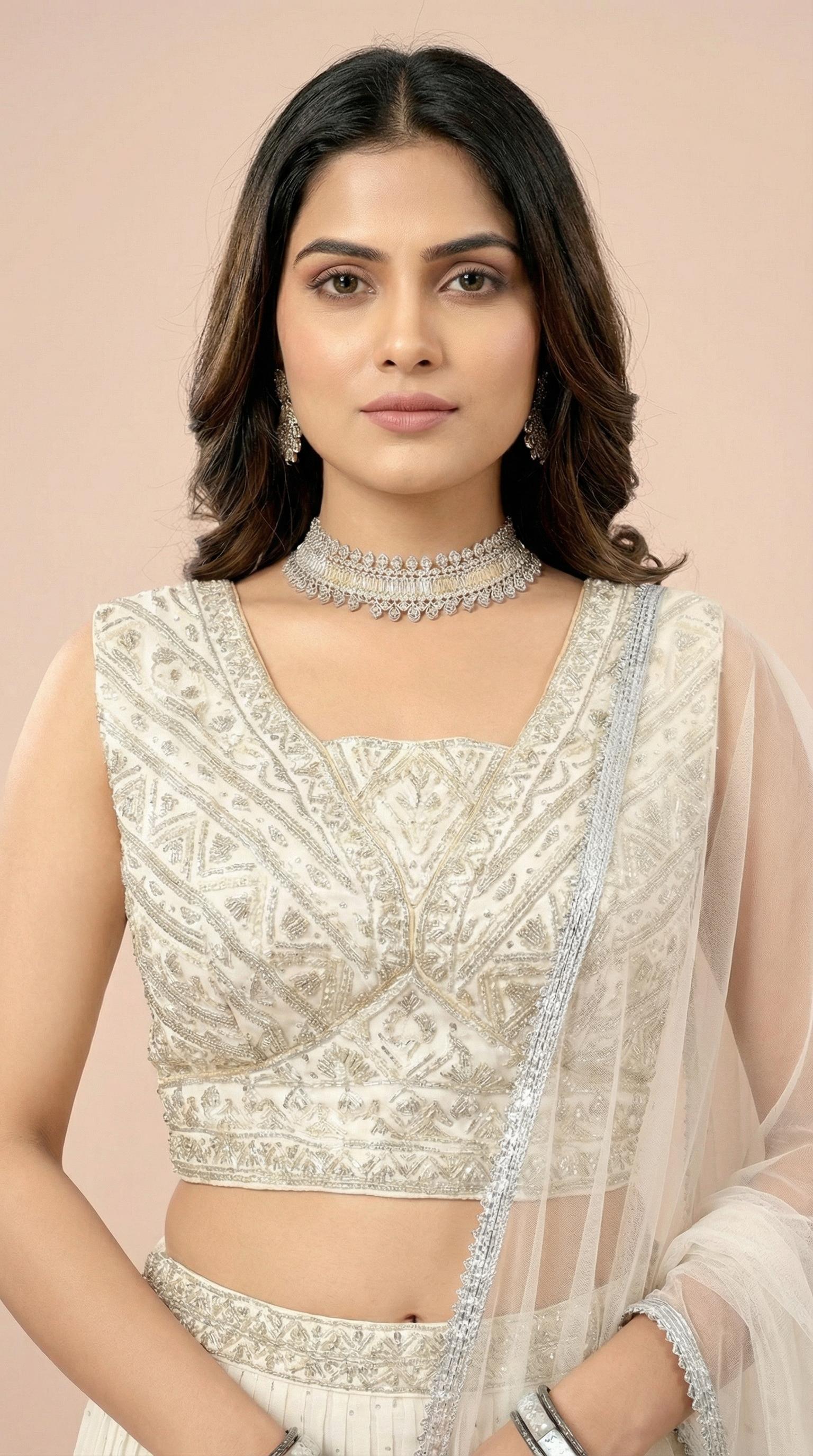 Off White Georgette Pleated Festive Lehenga Choli Set