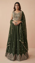 Olive Green Embroidered Georgette Lehenga Choli Set