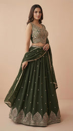 Olive Green Embroidered Georgette Lehenga Choli Set