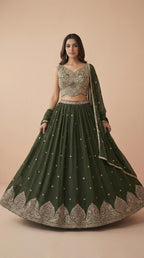 Olive Green Embroidered Georgette Lehenga Choli Set