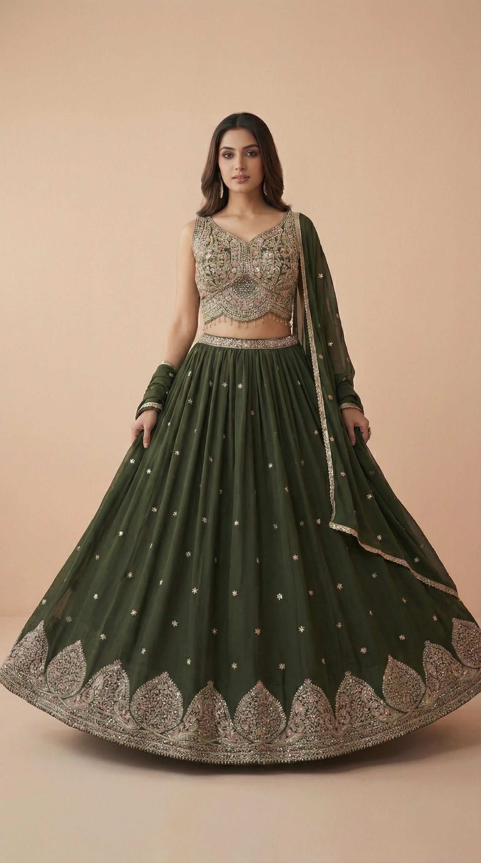 Olive Green Embroidered Georgette Lehenga Choli Set