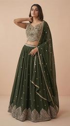 Olive Green Embroidered Georgette Lehenga Choli Set