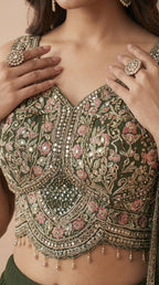 Olive Green Embroidered Georgette Lehenga Choli Set