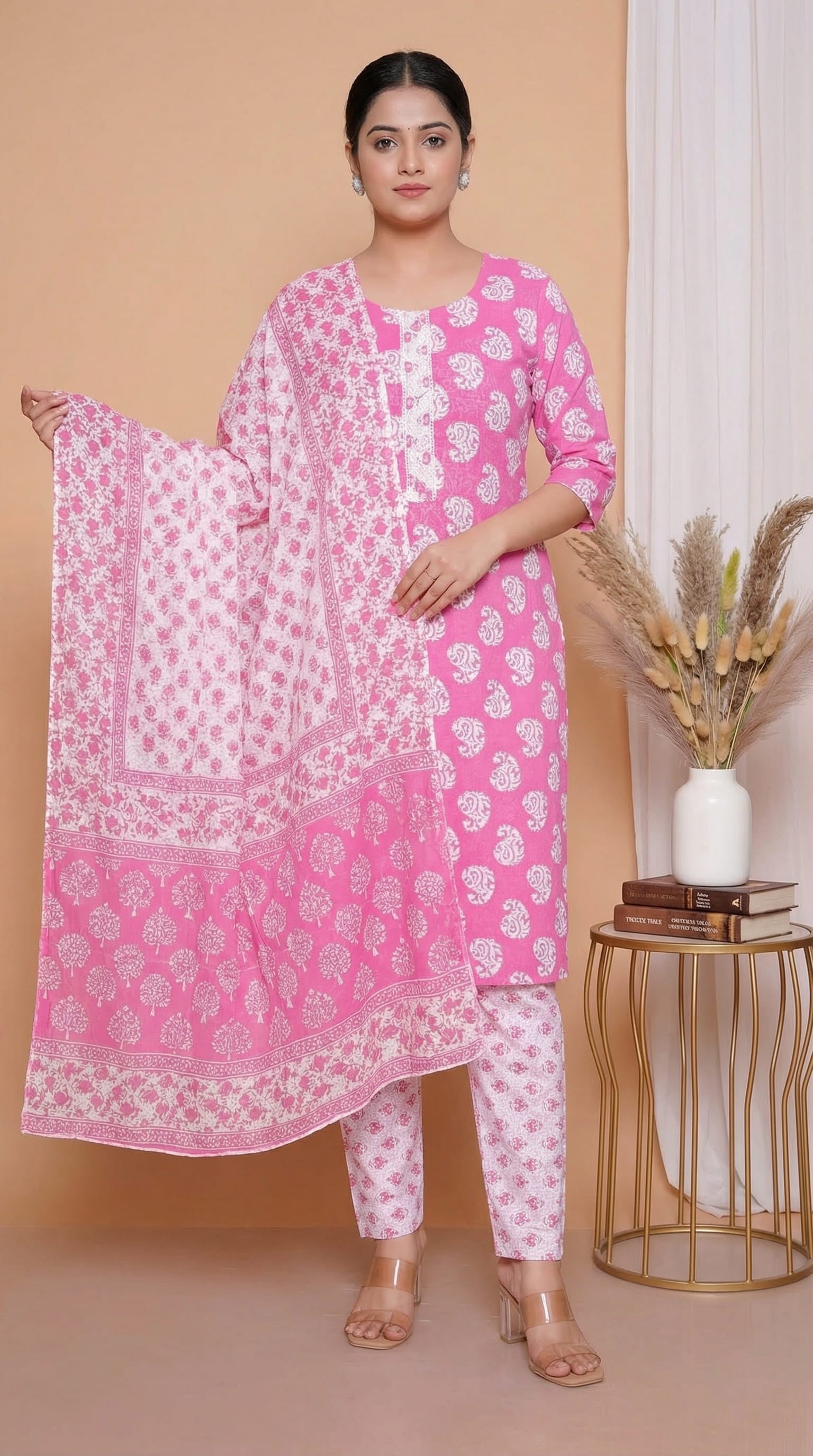 Pink Block Print Cotton Suit Set with Dupatta