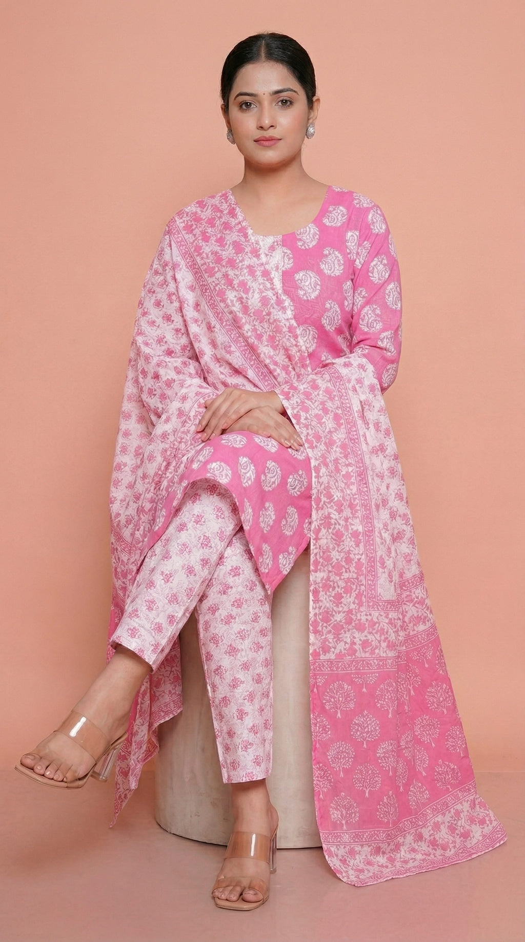 Ensemble de costume en coton imprimé rose avec dupatta