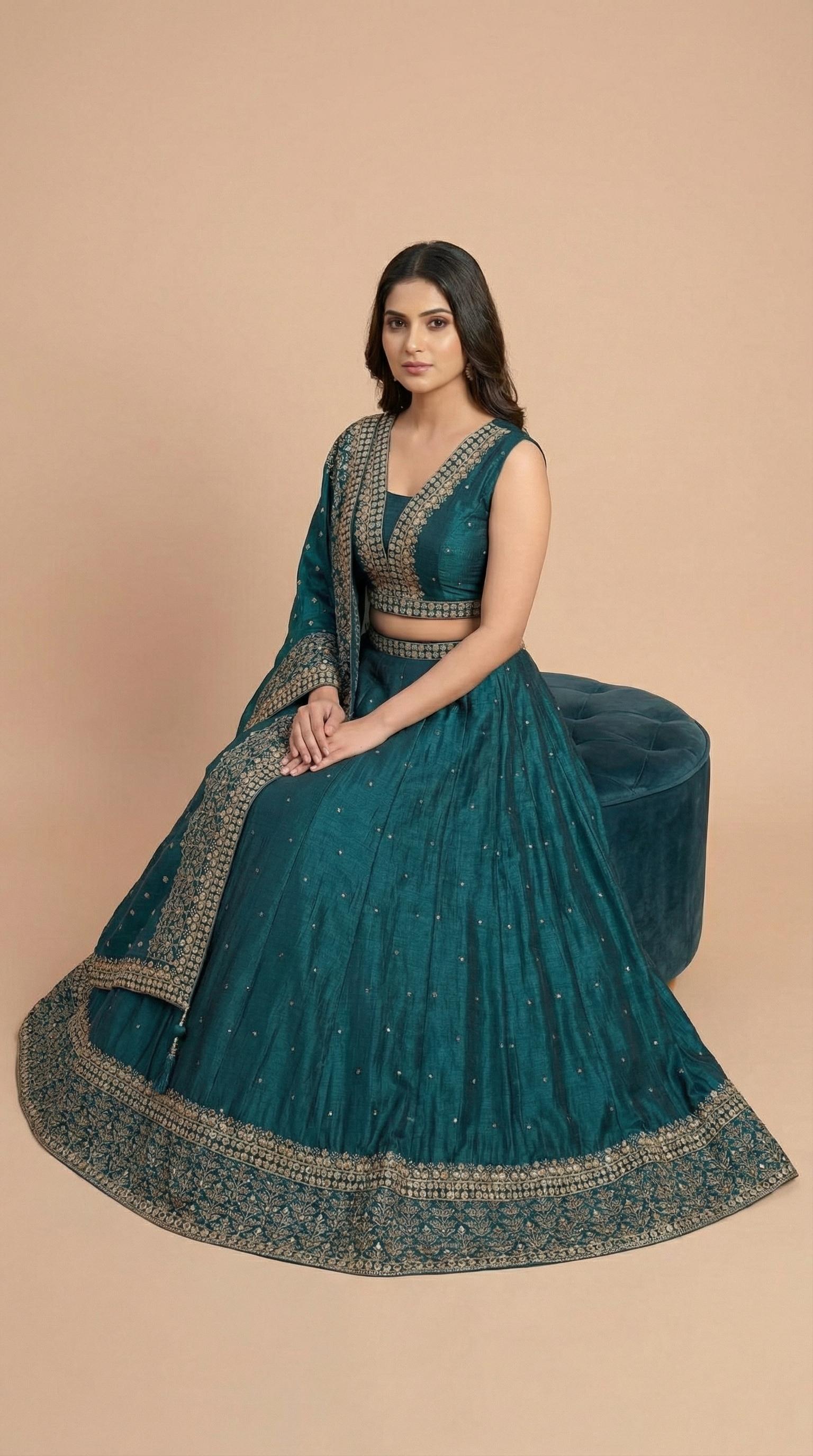 Deep Teal Embroidered Partywear Lehenga Choli Set
