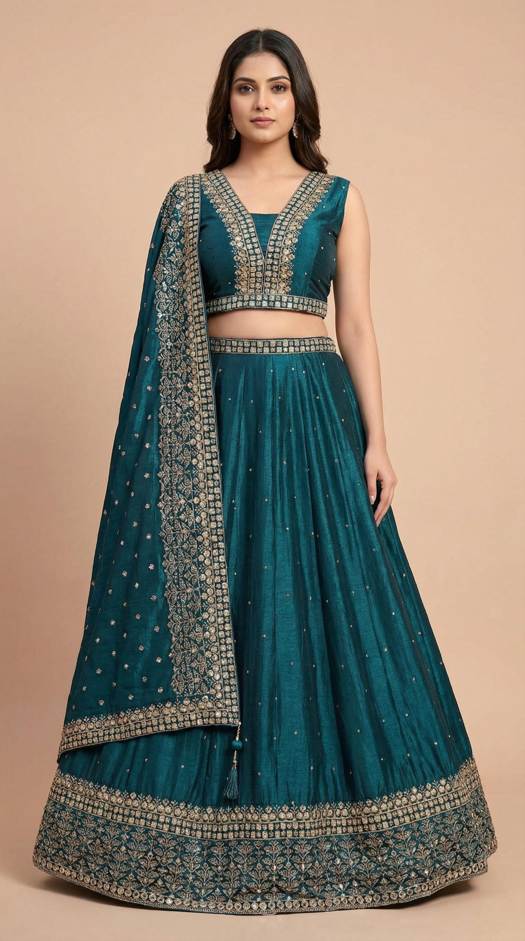 Deep Teal Embroidered Partywear Lehenga Choli Set