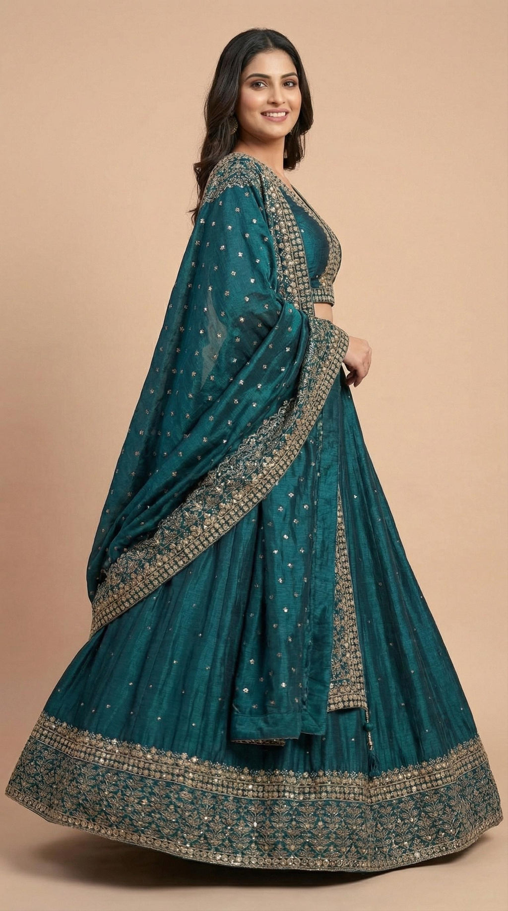 Deep Teal Embroidered Partywear Lehenga Choli Set