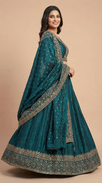 Deep Teal Embroidered Partywear Lehenga Choli Set
