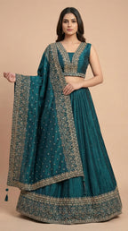 Deep Teal Embroidered Partywear Lehenga Choli Set