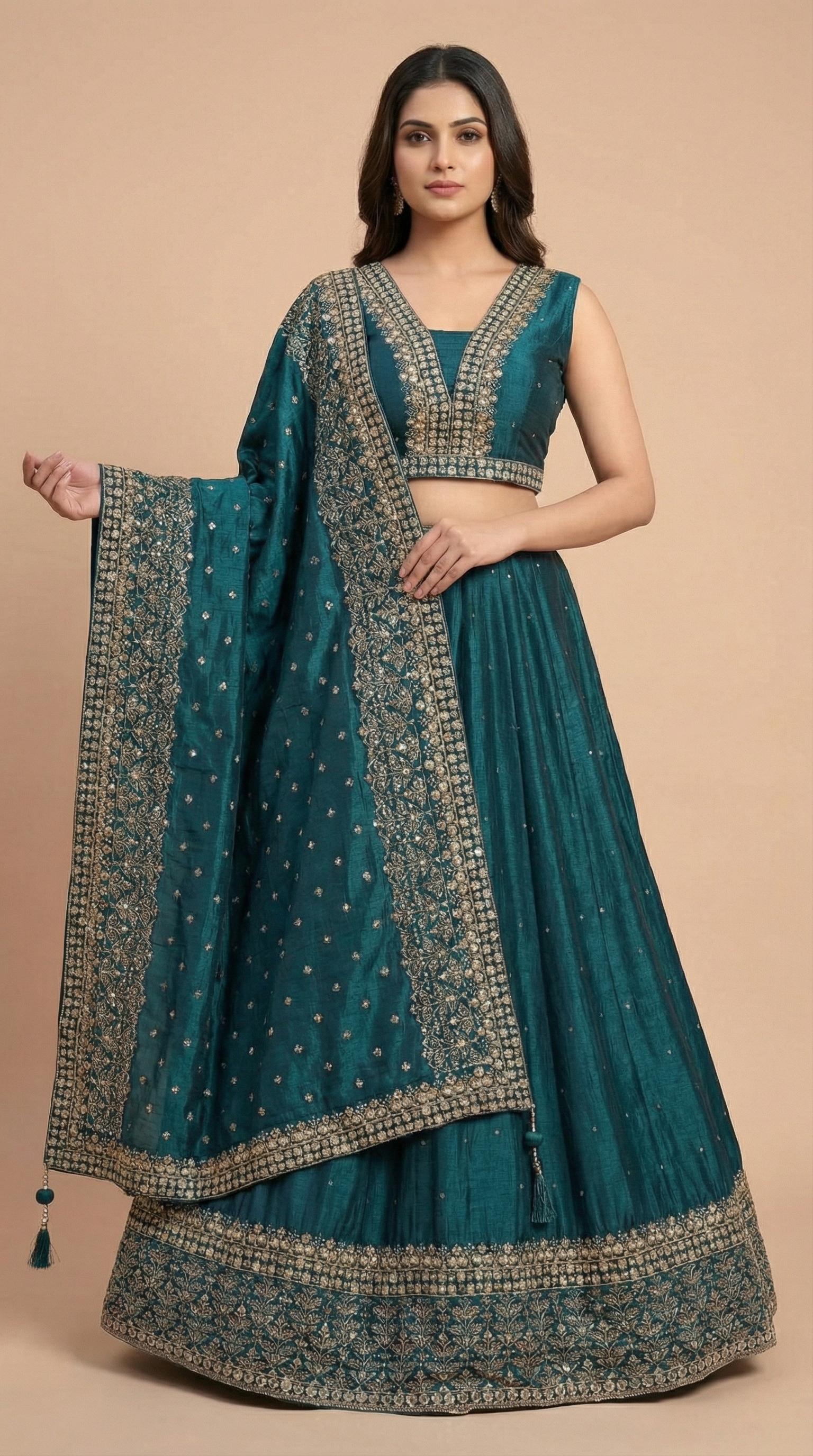 Deep Teal Embroidered Partywear Lehenga Choli Set