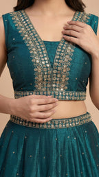 Deep Teal Embroidered Partywear Lehenga Choli Set