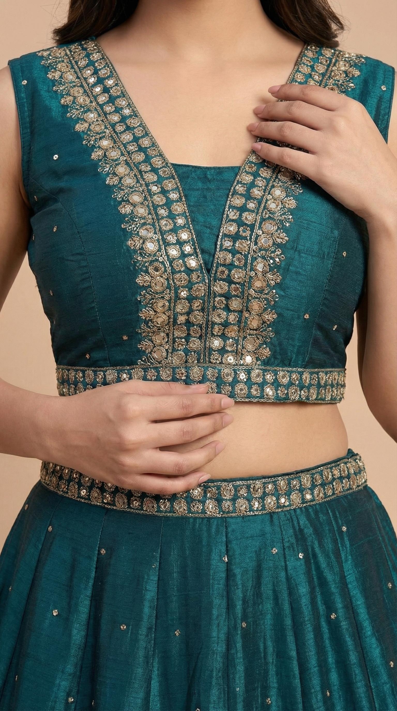 Deep Teal Embroidered Partywear Lehenga Choli Set