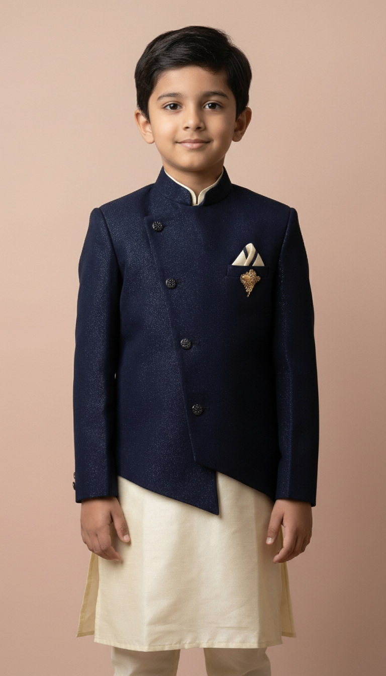 Boy's Midnight Navy & Cream Indo-Western Kurta Pajama Set