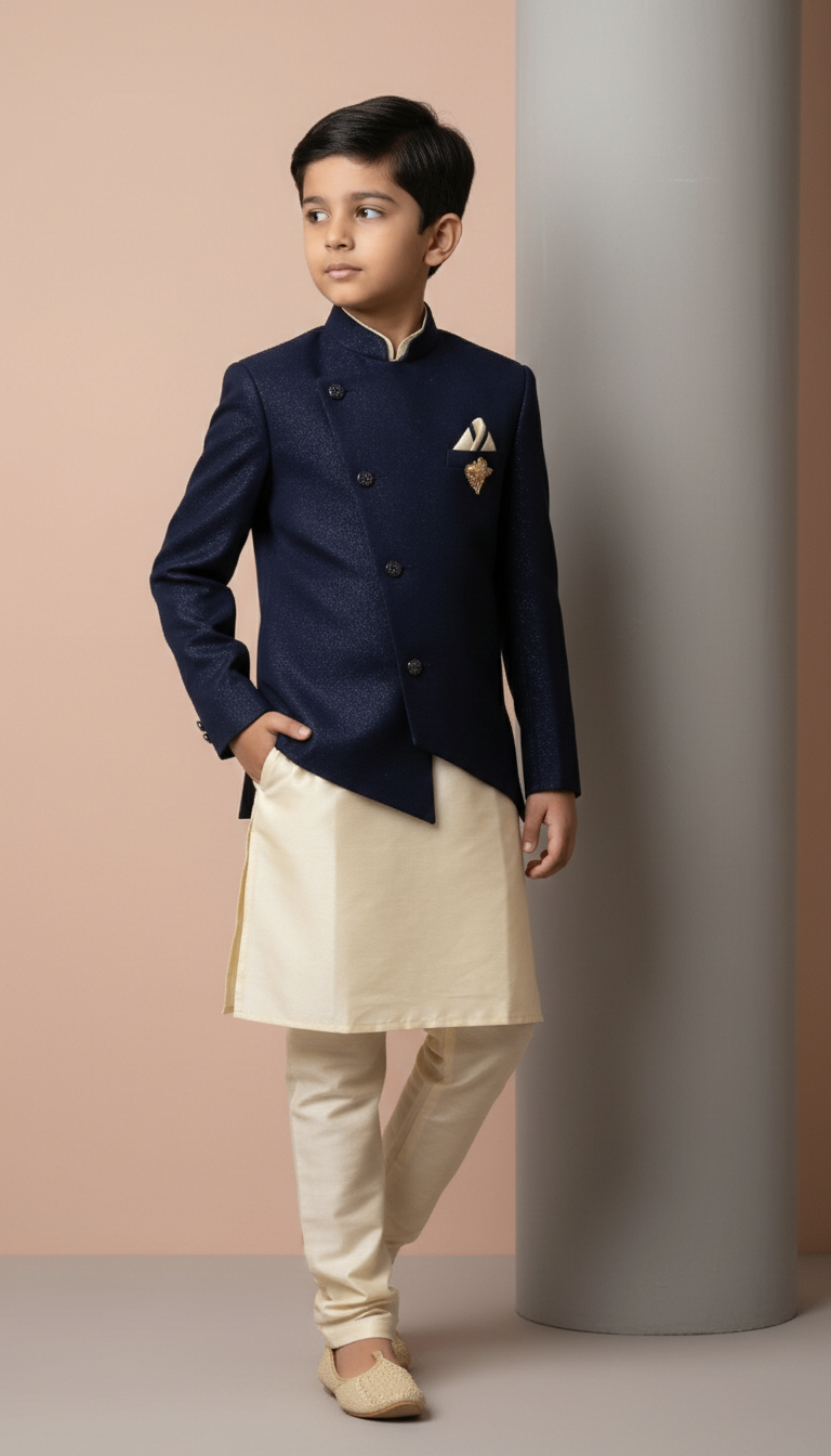 Boy's Midnight Navy & Cream Indo-Western Kurta Pajama Set