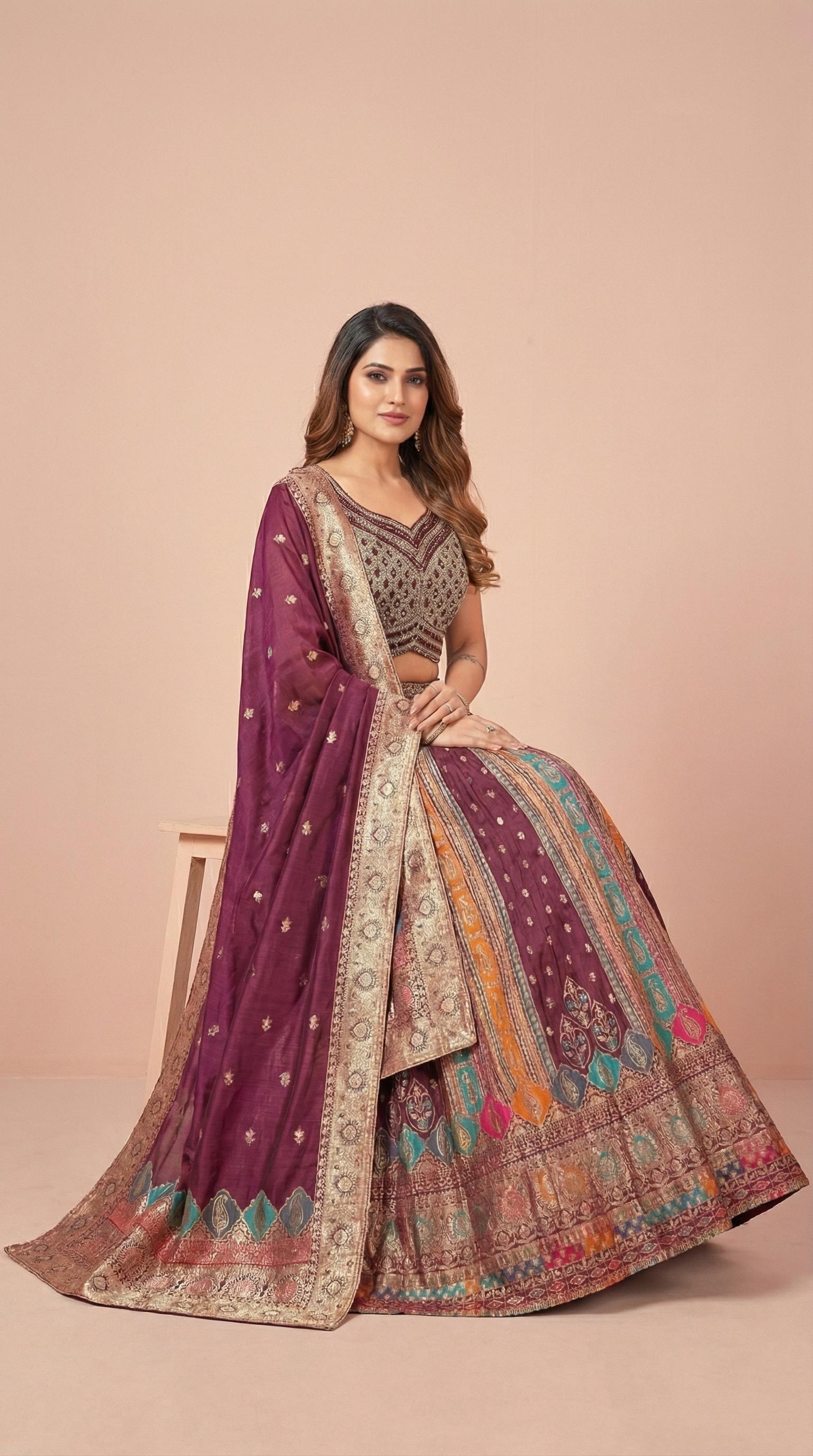 Wine Multi Color Digital Print Lehenga with Ornate Border