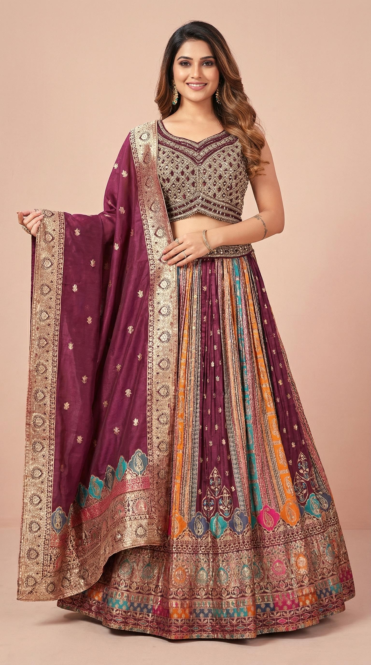 Wine Multi Color Digital Print Lehenga with Ornate Border
