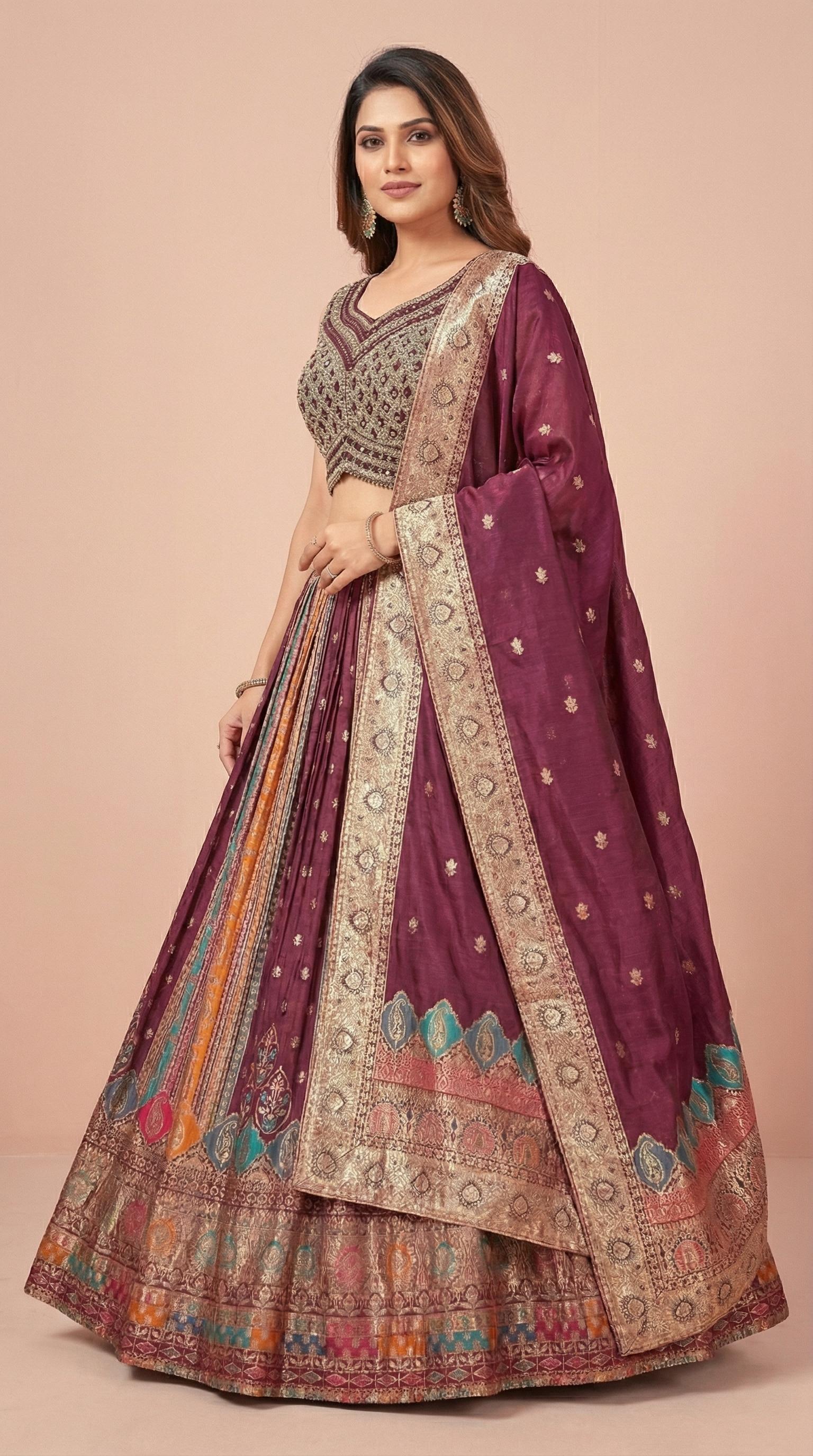 Wine Multi Color Digital Print Lehenga with Ornate Border