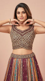 Wine Multi Color Digital Print Lehenga with Ornate Border