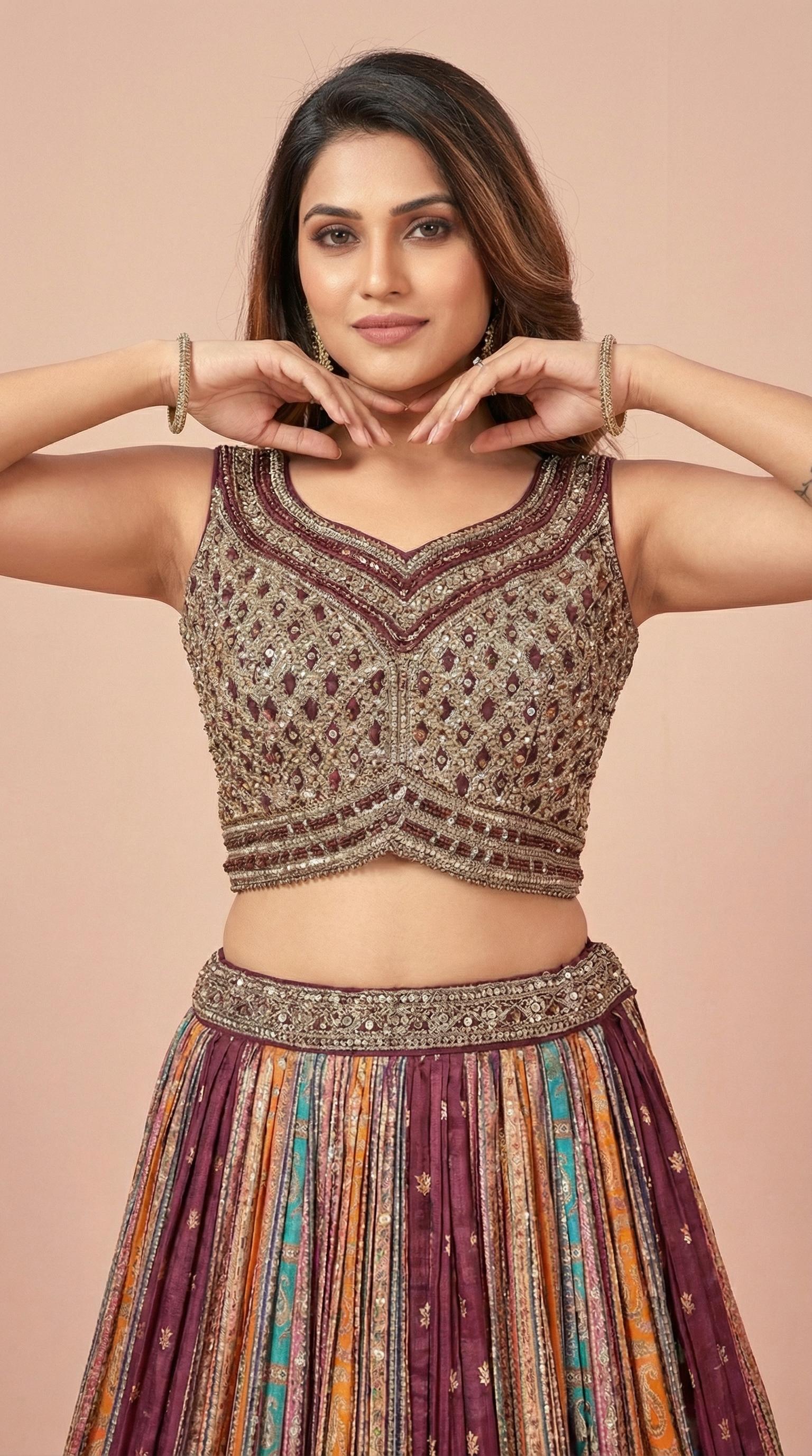 Wine Multi Color Digital Print Lehenga with Ornate Border