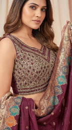 Wine Multi Color Digital Print Lehenga with Ornate Border
