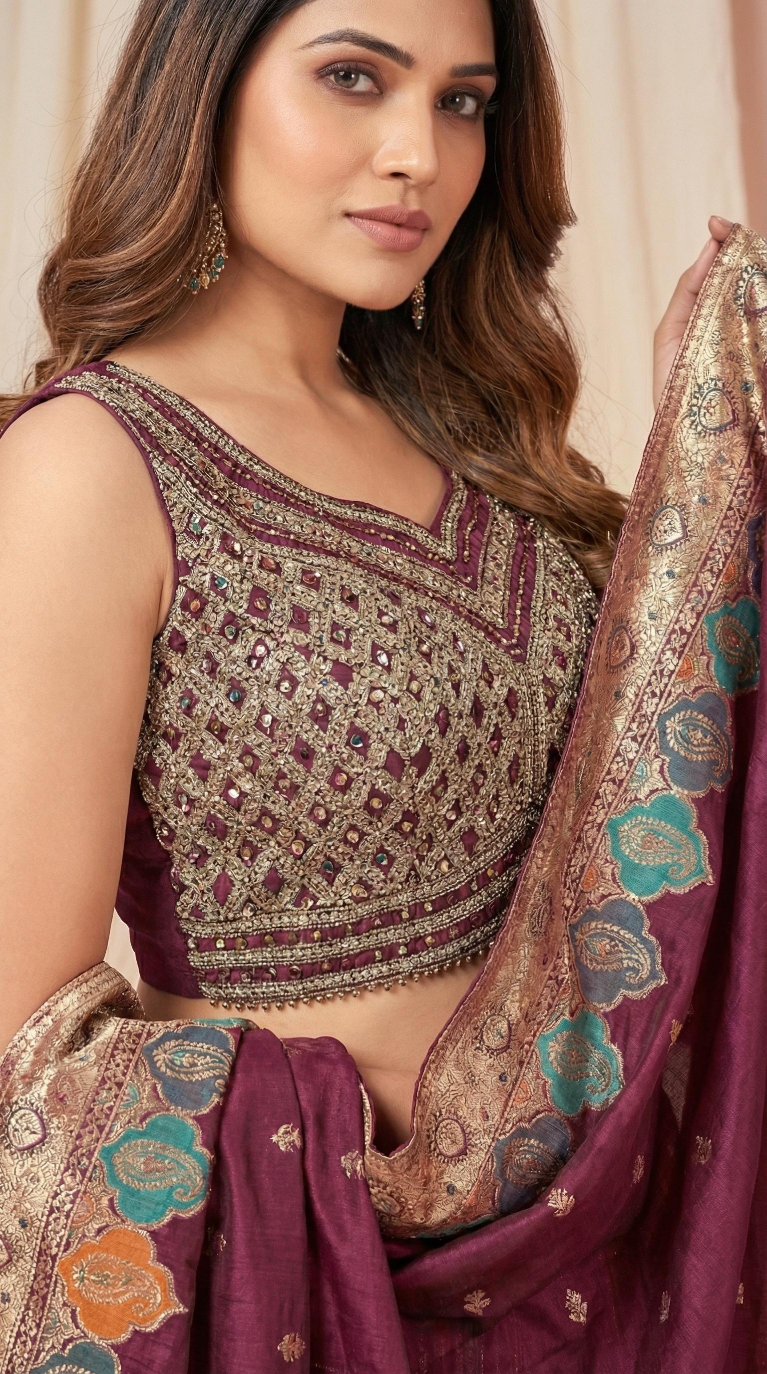 Wine Multi Color Digital Print Lehenga with Ornate Border