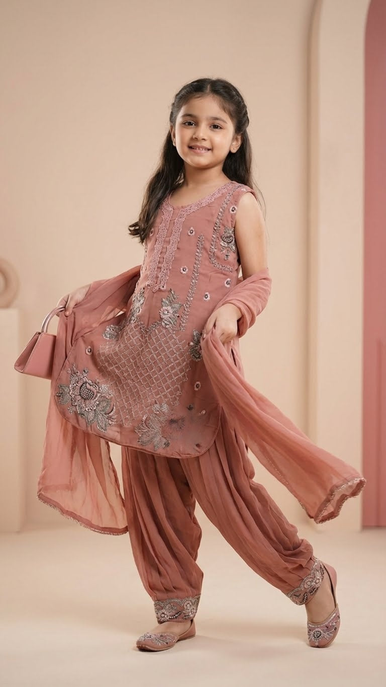 Kids Girls Embroidered Georgette Dress | Festive & Party Wear